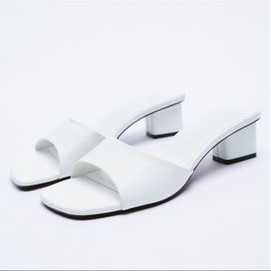 Zara Block Heel White square toe Sandals sz 8